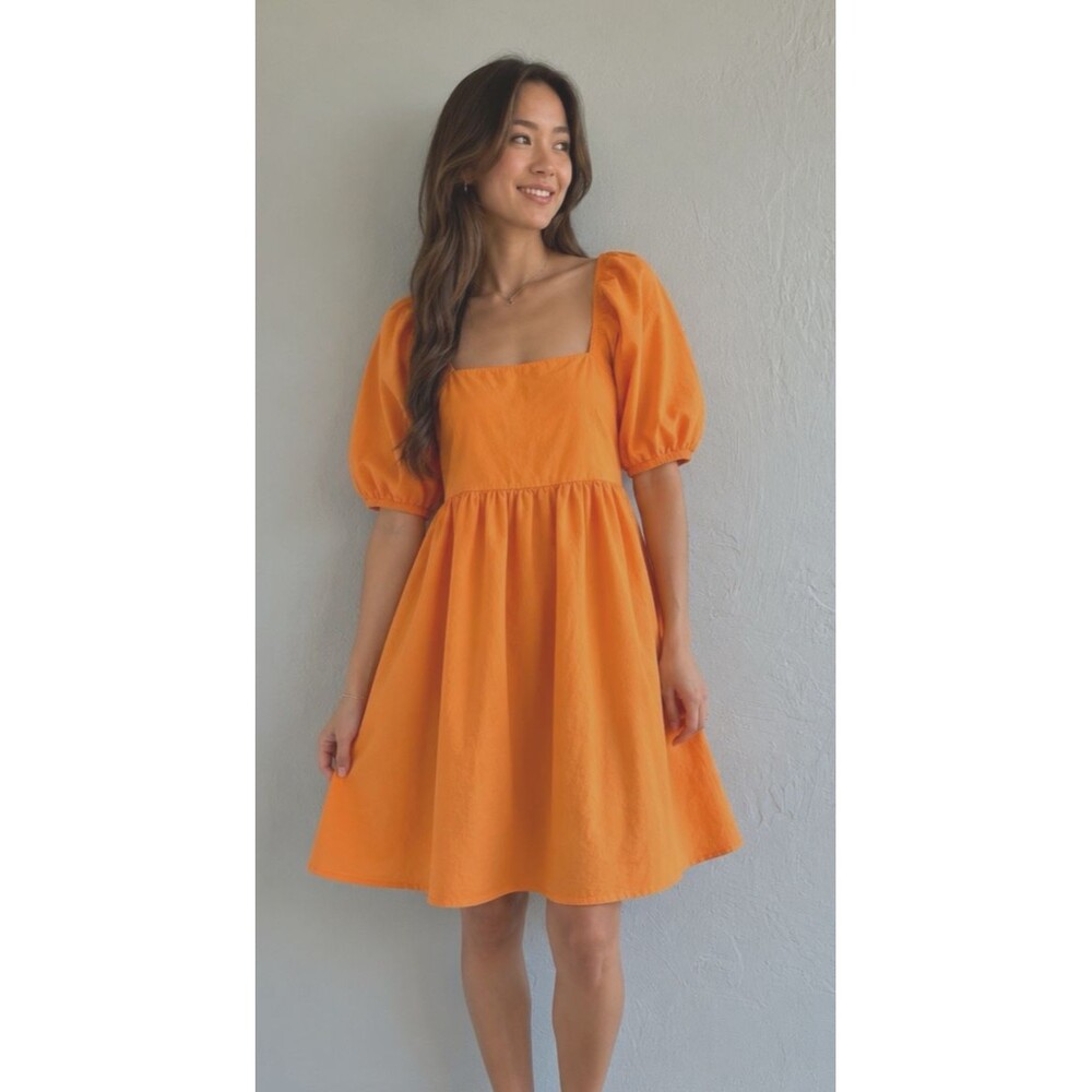 100% Cotton ANewDay Orange Puff Sleeve Smocked Cut-Out Mini Dress L Square Neck